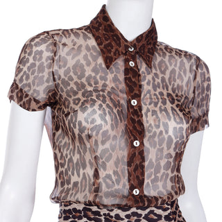 2000s Dolce & Gabbana Brown Leopard  Print Sheer Silk SS Top & Pants Outfit