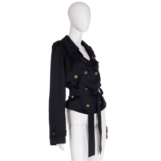 2000s Dolce & Gabbana Black Satin Cropped Trench Jacket w Belt and Epaulettes