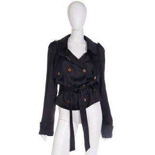 2000s Dolce & Gabbana Black Satin Cropped Trench Jacket with Belt