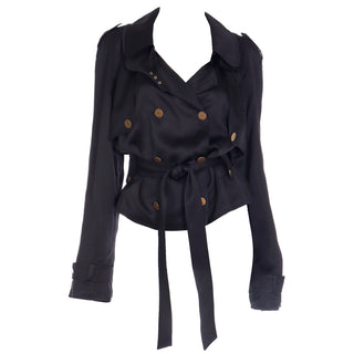 2000s Dolce & Gabbana Black Satin Cropped Trench style Jacket w Belt Italy 