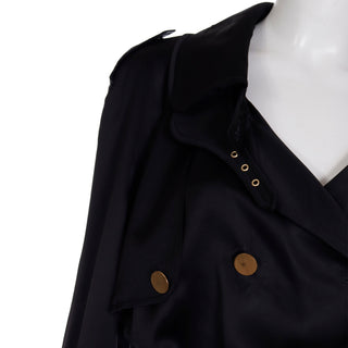 2000s Dolce & Gabbana Black Satin Cropped Trench Jacket w Belt & Storm Flap
