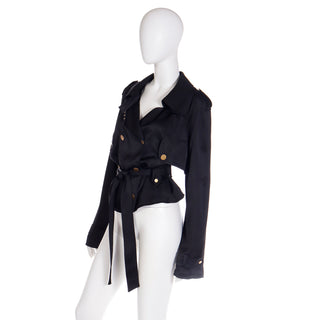 2000s Dolce & Gabbana Black Satin Cropped Trench Coat Style Jacket w Belt