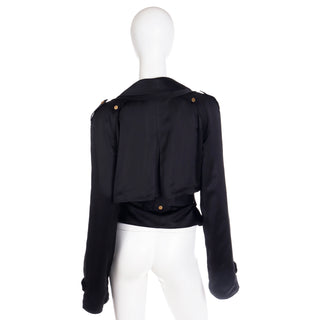 2000s Dolce & Gabbana Black Satin Cropped Trench Jacket w Belt & Gold Buttons