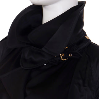 2000s Dolce & Gabbana Black Satin Cropped Trench Jacket w Belt and Buckles at Collar