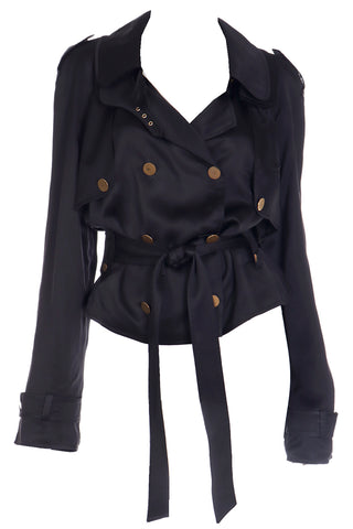 2000s Dolce & Gabbana Black Satin Cropped Trench Jacket w Belt