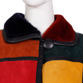 1980s Donna Karan Patchwork Shearling Reversible to Faux Fur Coat w Leather Buttons