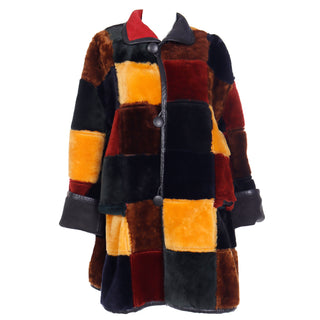 1980s Donna Karan Patchwork Shearling Reversible to Faux Fur Coat Brown, Orange, Red Yellow and Black