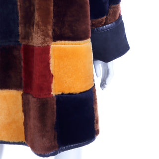 1980s Donna Karan Patchwork Shearling Reversible Faux Fur Coat leather trim 