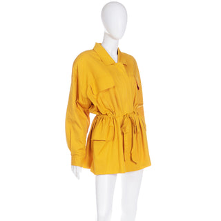 1980s Vintage Donna Karan Drawstring Yellow Cotton Jacket with red lining
