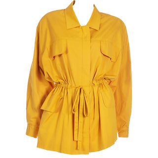 1980s Vintage Donna Karan Drawstring Waist Yellow Cotton Coat 80's Jacket