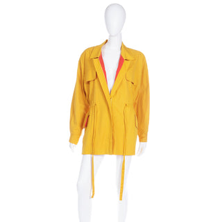 1980s Vintage Donna Karan Drawstring Yellow Cotton Coat with red lining