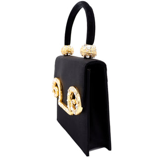 1980s Edouard Rambaud Vintage Black Satin Evening Bag W Crystals & Gold Plate with Top Handle1980s Edouard Rambaud Vintage Black Satin Evening Bag W Crystals Gold Plated