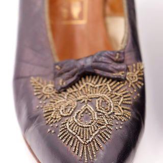 Edwardian CH Wolfelt Co Purple Leather Gold Beaded Antique Shoes 