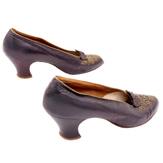 Vintage Edwardian CH Wolfelt Co Purple Leather Gold Beaded Shoes