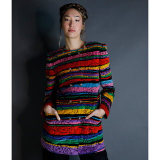 Vintage 1990s Emanuel Ungaro Parallele Colorful Quilted Floral Velvet  Longline Jacket