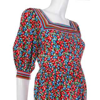 Vintage late 70s early 80s Emanuel Ungaro Parallele Silk Dress in Blue & Red Fruit Print