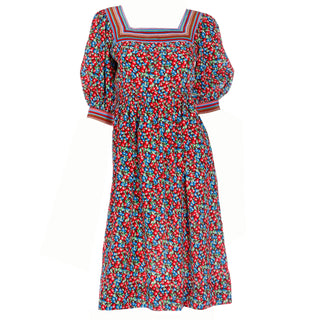 1980s Emanuel Ungaro Parallele Silk Dress in Blue & Red Fruit Print Made in italy