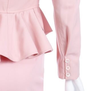 1980s Emanuel Ungaro Pink Peplum Jacket & Pencil Skirt Suit with pleated button sleeves