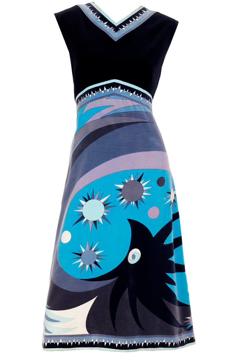 Vintage Emilio Pucci Signature Print Blue & Black Velvet 1960s Dress Modig Vintage Emilio Pucci Signature Print Blue & Black Velvet 1960s Dress Modig