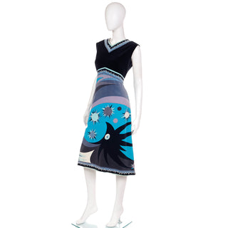 1960s Emilio Pucci Signature Print Blue & Black Velvet Vintage Dress