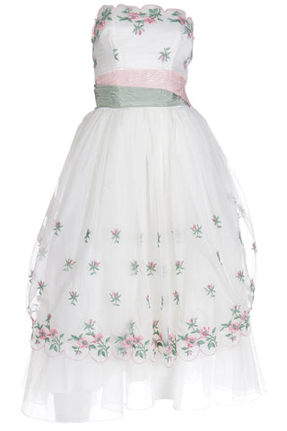 1950s Emma Domb White Party Dress w Pink Roses & green Leaves