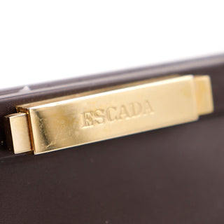 1990s Escada Bag Dark Brown Leather Top Handle Handbag W Gold Name Plate