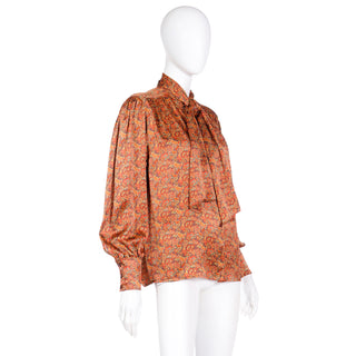 1980s Escada Copper Brown Yellow & Orange Paisley Print Silk Blouse With Tie at Neck
