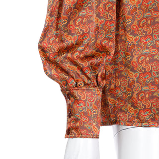 Vintage 1980s Escada Copper Brown Yellow & Orange Paisley Print Silk Blouse w Tie