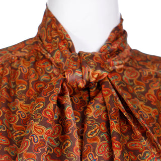 1980s Escada Copper Brown Yellow & Orange Paisley Print Silk Button Front Blouse with Tie at Neck
