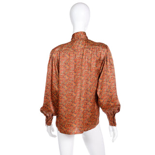 1980s Escada Copper Brown Yellow & Orange Paisley Print Silk Blouse with Bishop Sleeves