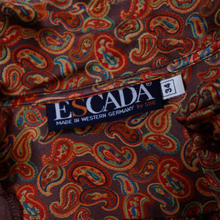 1980s Escada SRB Copper Brown Yellow & Orange Paisley Print Silk Blouse 
