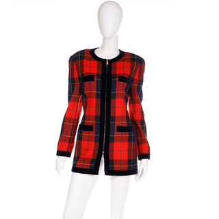 Vintage 1980s Escada Margaretha Ley Red Plaid Wool Zip Front Jacket