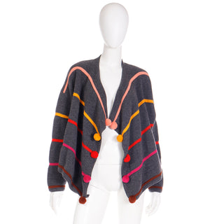 1980s Escada Margaretha Ley Grey Wool Sweater W Colorful Pom Poms S/M