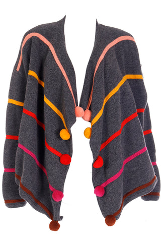 1980s Escada Margaretha Ley Grey Wool Sweater W Colorful Pom Poms