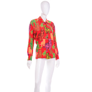 1980s Margaretha Ley Escada Colorful Red Silk Tiger Blouse made in W Germany