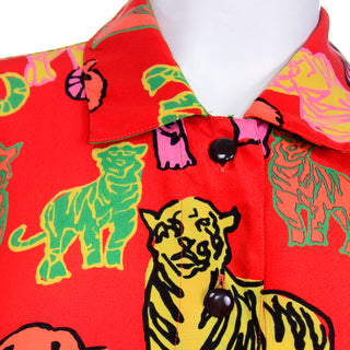 1980s Margaretha Ley Escada Colorful Red Silk Tiger Blouse Bold Print