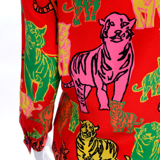 1980s Margaretha Ley Escada Colorful Red Silk Tiger Print Blouse