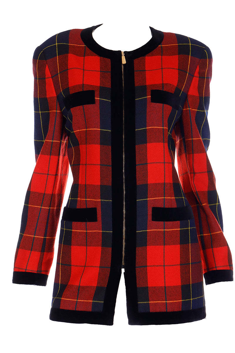 Vintage Escada Margaretha Ley Red Plaid Wool Zip Front Jacket – Modig