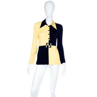 1990s Fendi by Karl Lagerfeld colorblock yellow and black long sleeve polo shirt vintage