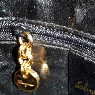 1990s Salvatore Ferragamo Black Suede Shoulder Bag W Logo Buckle Gold Hardware