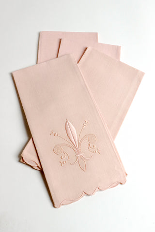 Set of 4 Madeira Hand Embroidered Vintage Pink Linen Fleur De Lis Guest Towels 