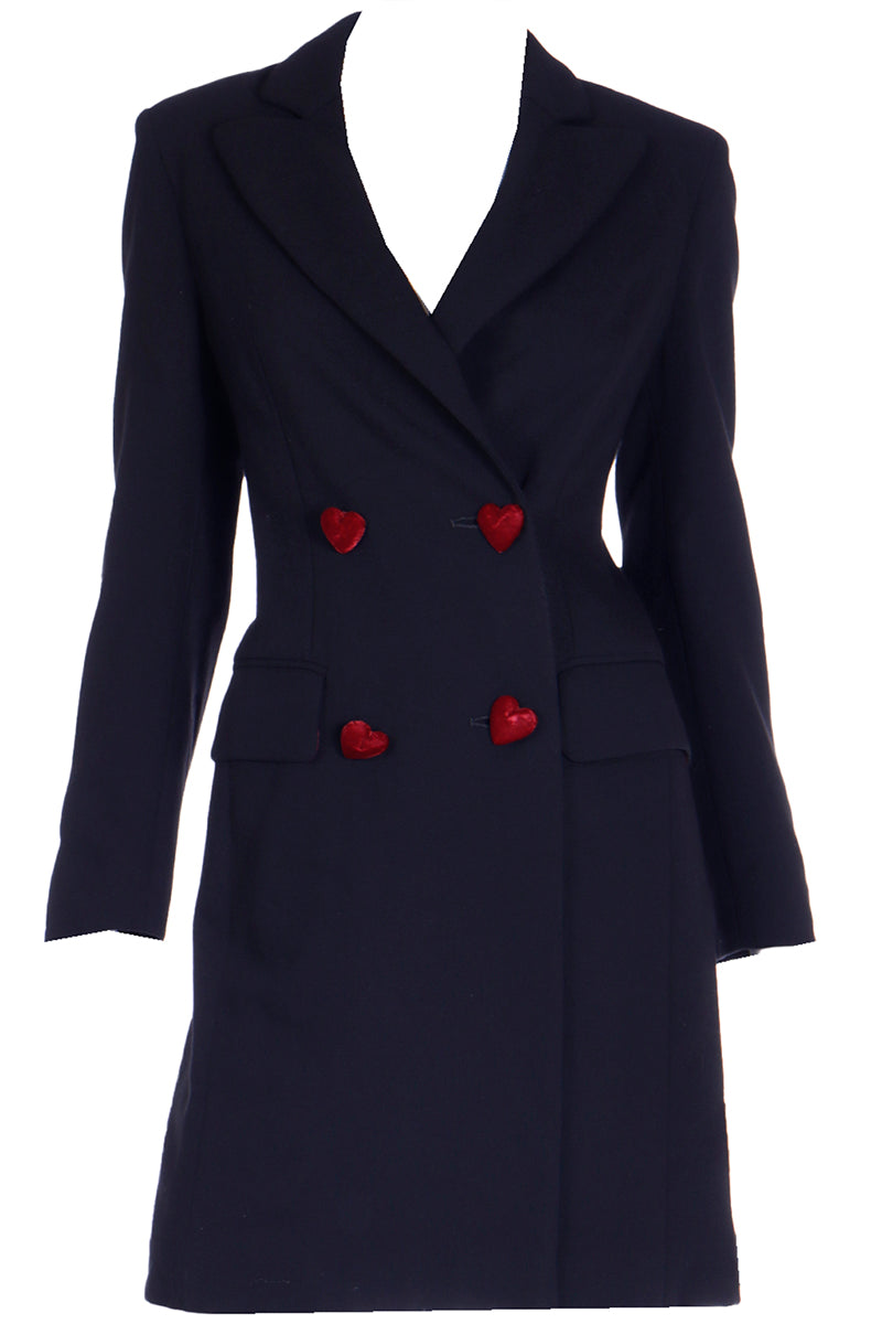 1990s Vintage Moschino Black Wool Coat w Red Velvet Heart