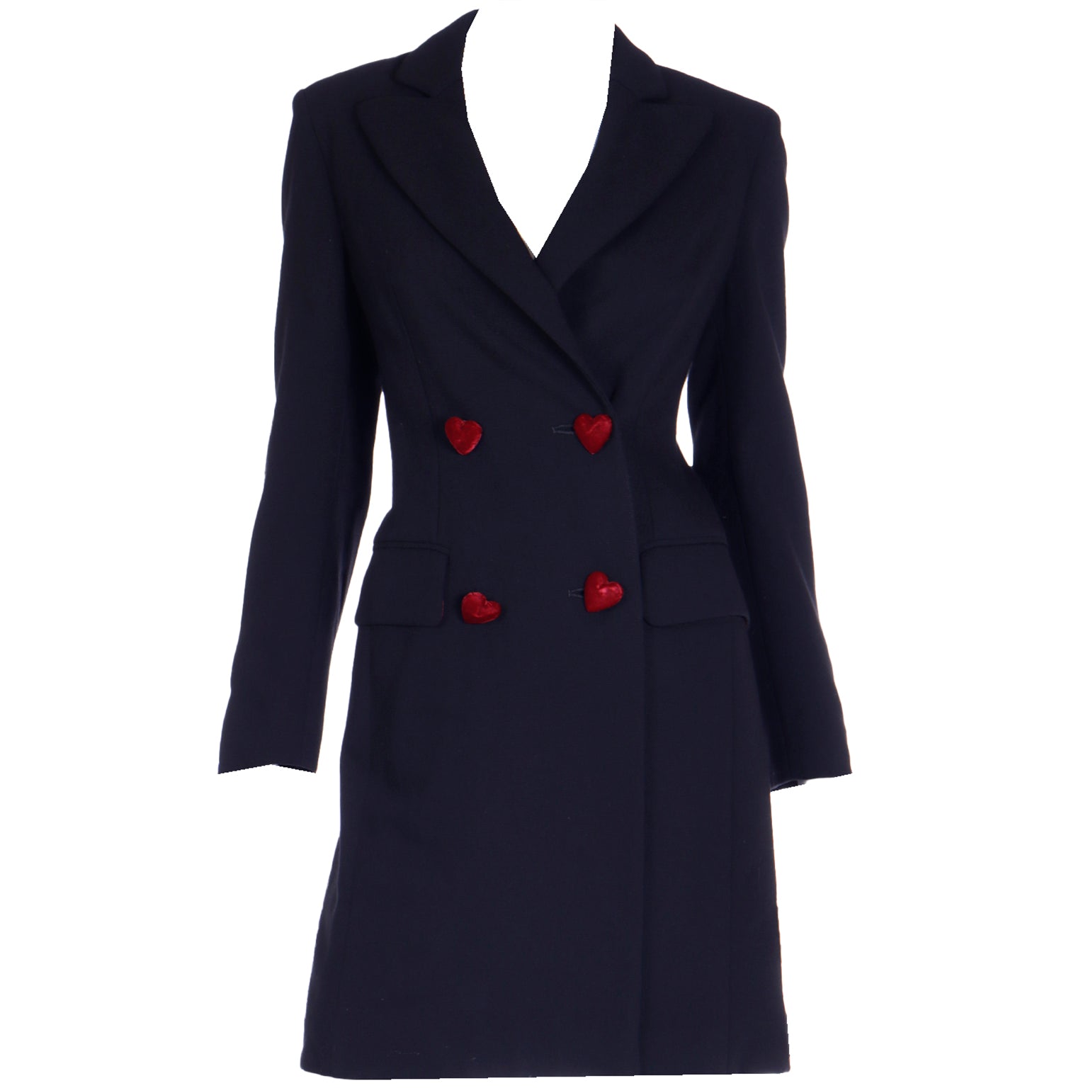 1990s Vintage Moschino Black Wool Coat w Red Velvet Heart Buttons