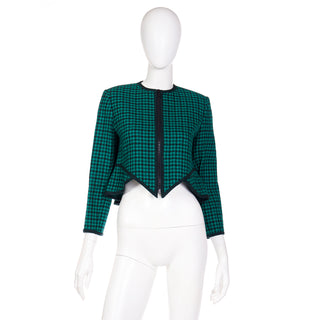 1980s Geoffrey Beene Green Plaid Wool Cropped Zip Front Jacket