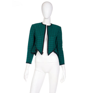 Vintage 1980s Geoffrey Beene Green Plaid Cropped Zip Front Jacket