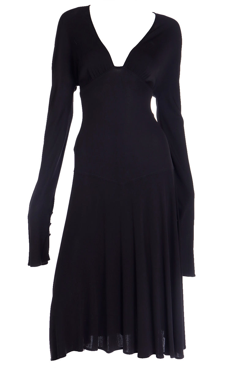 Vintage Gianni Versace Black Plunge V Neck Black Dress w Button Slit Modig Vintage Gianni Versace Black Plunge V Neck Black Dress w Button Slit Modig