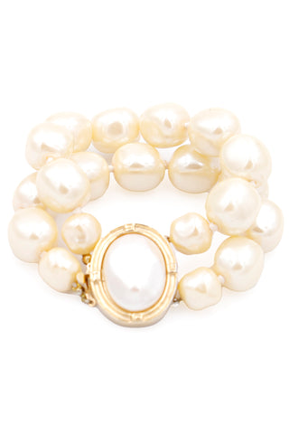 1980s Givenchy Gold Plate & Baroque Faux Pearl Double Strand Bracelet