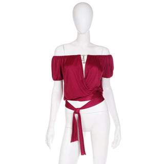 2000s Gucci Burgundy Wrap Top w Sash Tie & Gold Metal Gucci Charm On or Off Shoulder