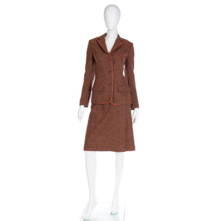 1970s Hermes Vintage Brown Tweed Jacket & Skirt Suit w Leather Trim M/L