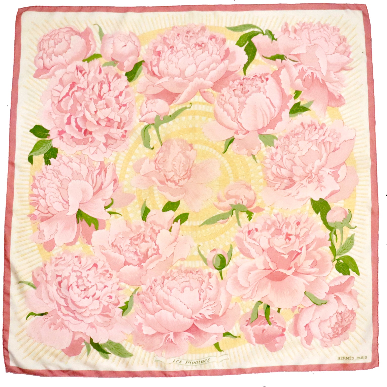 Vintage Hermes Les Pivoines Yellow Pink Silk Peony Scarf – Modig
